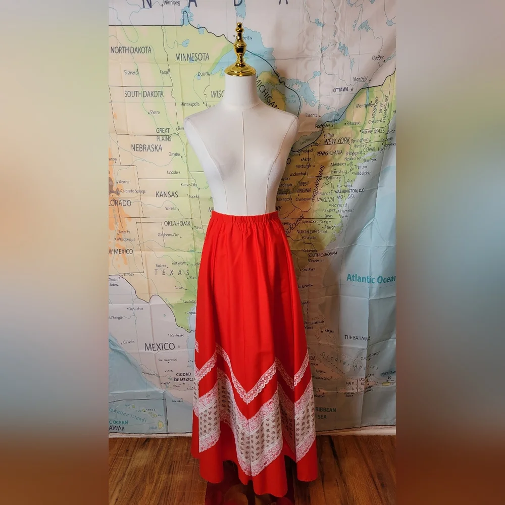 Vintage 1970s Carefree Fashions Red Lace Trim Maxi Skirt - Picture 2 of 16